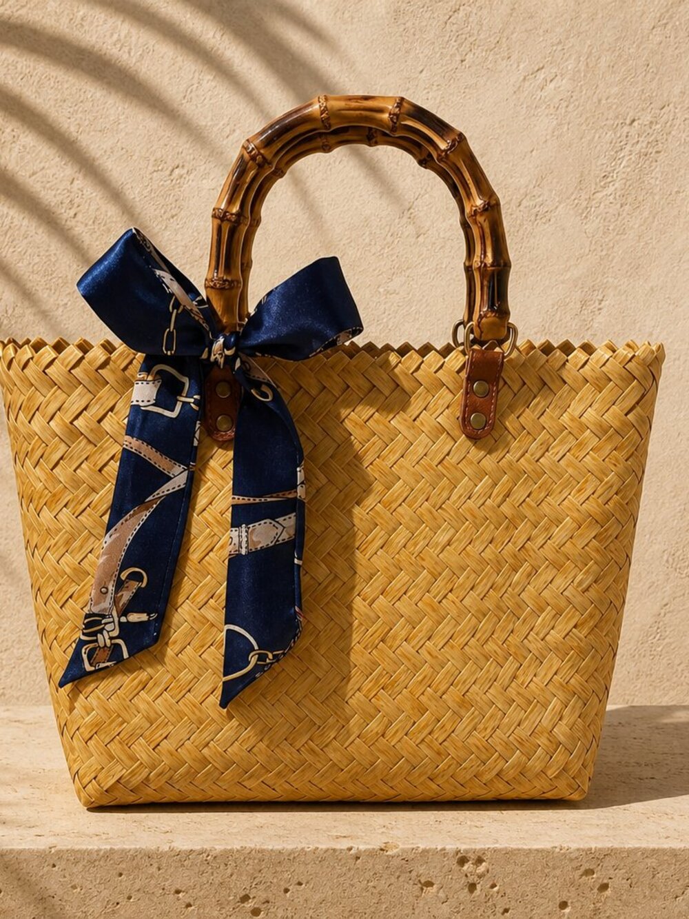 NWT Handwoven Natural Straw Basket Tote | Bamboo Handle + Navy Scarf
